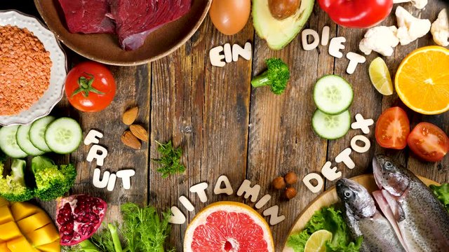 balanced diet food text- fruit and vegetable, health food concept