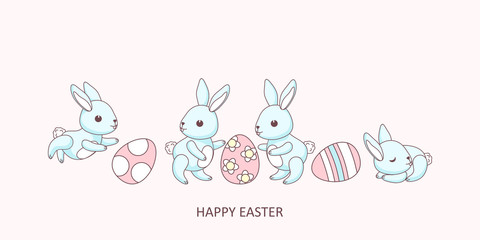 Big set of cute easter's babies bunnies and Easter eggs. Inscription "Happy Easter". Greeting card, vector banner