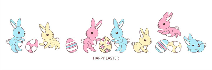 Obraz na płótnie Canvas Big set of cute easter's babies bunnies and Easter eggs. Inscription 