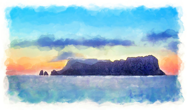 Watercolor illustration of Capri Island near Naples, Italy. Beautiful color image of a landscape with sea, mountains and bright sky. 