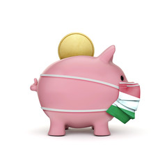 Fototapeta premium Hungary healthcare savings. Piggy bank with face mask. 3D Render