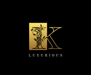Gold Letter K Logo. K Letter Design Vector with Golden Colors and Floral Hand Drawn.