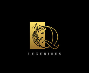 Gold Letter Q Logo. Q Letter Design Vector with Golden Colors and Floral Hand Drawn.