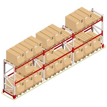 Metal racks for a warehouse with boxes on pallets, isometric design. 3D Render. Vector illustration.