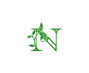 Letter N Logo. N Letter Design Vector with Green Color and Floral Hand Drawn Green Leaves.