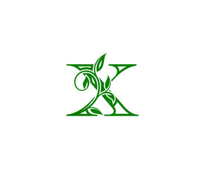 Letter X Logo. X Letter Design Vector with Green Color and Floral Hand Drawn Green Leaves.