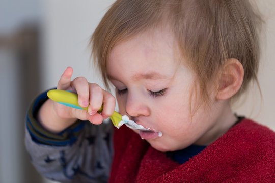 Closeup of fair disheveled toddler girl in red bib with teaspoon full of yogurt in her mouth looking down