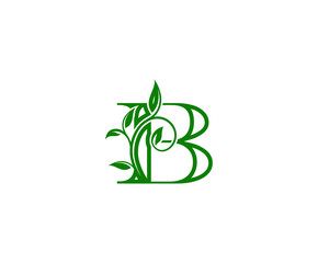 Letter B Logo. B Letter Design Vector with Green Color and Floral Hand Drawn Green Leaves.