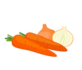 Bright vector illustration of colorful carrot, onion.