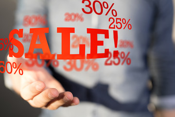 Hand Holding Red Percentage Sign 3d