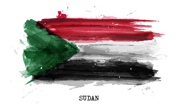 Realistic watercolor painting flag of Sudan . Vector .
