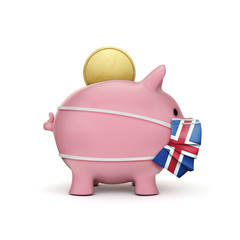 Fototapeta premium Iceland healthcare savings. Piggy bank with face mask. 3D Render