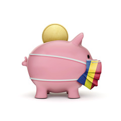 Romania healthcare savings. Piggy bank with face mask. 3D Render