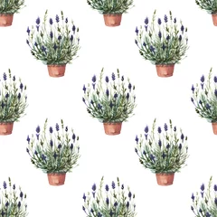 Wall murals Plants in pots lavender in a flower pot pattern seamless twig plants flora spring frame postcard watercolor purple lilac aromatherapy flowers on a white background
