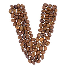 Letter V from coffee beans alphabet isolated on white. Coffee font