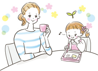 タブレット学習　女の子　母親
