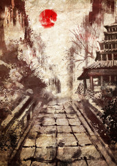 A Japanese town with an alley of stone, a temple and mountains, with a red sun on a yellow canvas . 2D illustration.