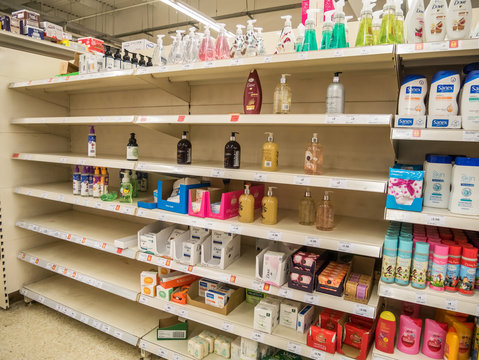 Sainsbury's supermarket store in Whitechapel, East London, UK. Friday, 5th March 2020. The anti-bacterial liquid soap shelves are virtually sold out.  As a result of the Coronavirus covid-19 worry.