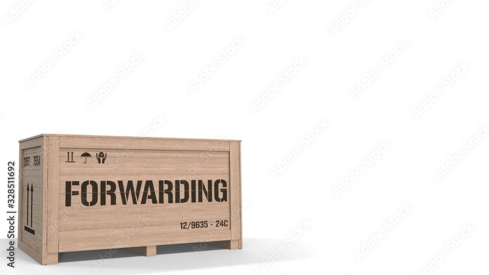 Poster wooden crate with printed forwarding text on white background. 3d animation