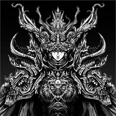 Fototapeta premium A female priestess, a very beautiful girl, in a creepy costume with many bones, teeth, and tentacles, massively and symmetrically surround her face . 2D illustration.
