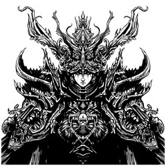 A female priestess, a very beautiful girl, in a creepy costume with many bones, teeth, and tentacles, massively and symmetrically surround her face . 2D illustration.