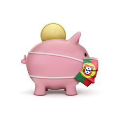 Fototapeta premium Portugal healthcare savings. Piggy bank with face mask. 3D Render