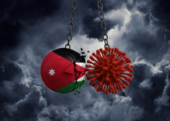 Virus microbe smashing into Jordan flag ball. 3D Render