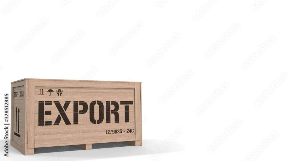 Poster wooden crate with printed export text on white background. 3d animation