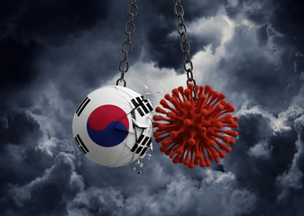 Virus microbe smashing into South Korea flag ball. 3D Render