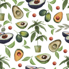 Seamless pattern Hand-drawn watercolor illustration. avocado slices. Natural healthy diet. Diet, menu, restaurant. Print, textile, paper