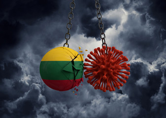 Obraz premium Virus microbe smashing into Lithuania flag ball. 3D Render