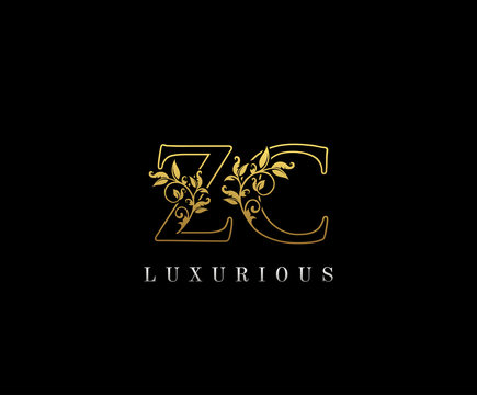 Golden Elegant letter Z, C and ZC. Graceful royal style. Calligraphic beautiful logo. Vintage drawn emblem for book design, weeding card, brand name, business card, Restaurant, Boutique, Hotel. 