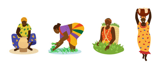 African women in colorful dresses working. Making pottery, working in rice field, picking tea, carrying big jug with laundry. Traditional crafts, manual labor, agriculture. Flat hand drawn vector.