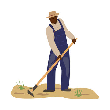 African Man In Coverall And Straw Hat Working In Field With Hoe. Black Man Plowing. Hard Manual Labor. Farmer Character. Traditional Agriculture. Flat Vector Illustration.