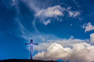 Heavenly Cross . Religion symbol shape . Dramatic nature background . Glowing cross in sky . Happy Easter. Light from sky . Religion background . Paradise heaven . Light in sky .