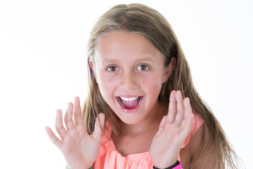 Frightened young girl holding screaming out loud isolated on white background