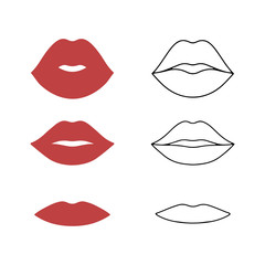 Woman's lip set. Girl mouths with red lipstick makeup. Vector hand drawn lips set. Female beautiful illustration. Doodle lips. Isolated flat vector illustration. Outline vector illustration with lips