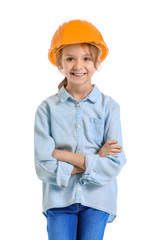 Cute little architect on white background