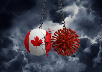 Virus microbe smashing into Canada flag ball. 3D Render