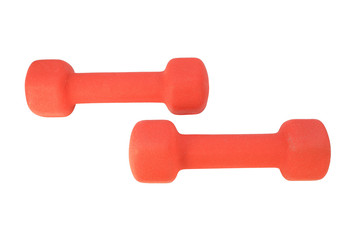 Two red fitness dumbbells with soft neoprene coating isolated on white background