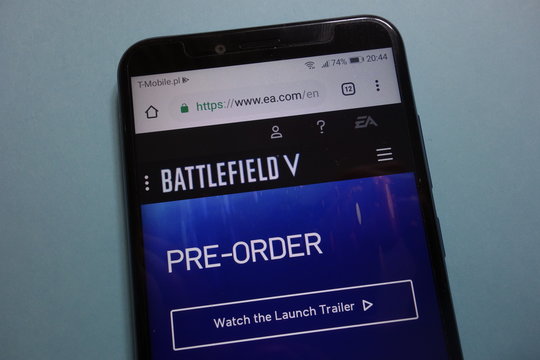 KONSKIE, POLAND - November 10, 2018: Battlefield V video game pre-order on Electronic Arts official website displayed on smartphone