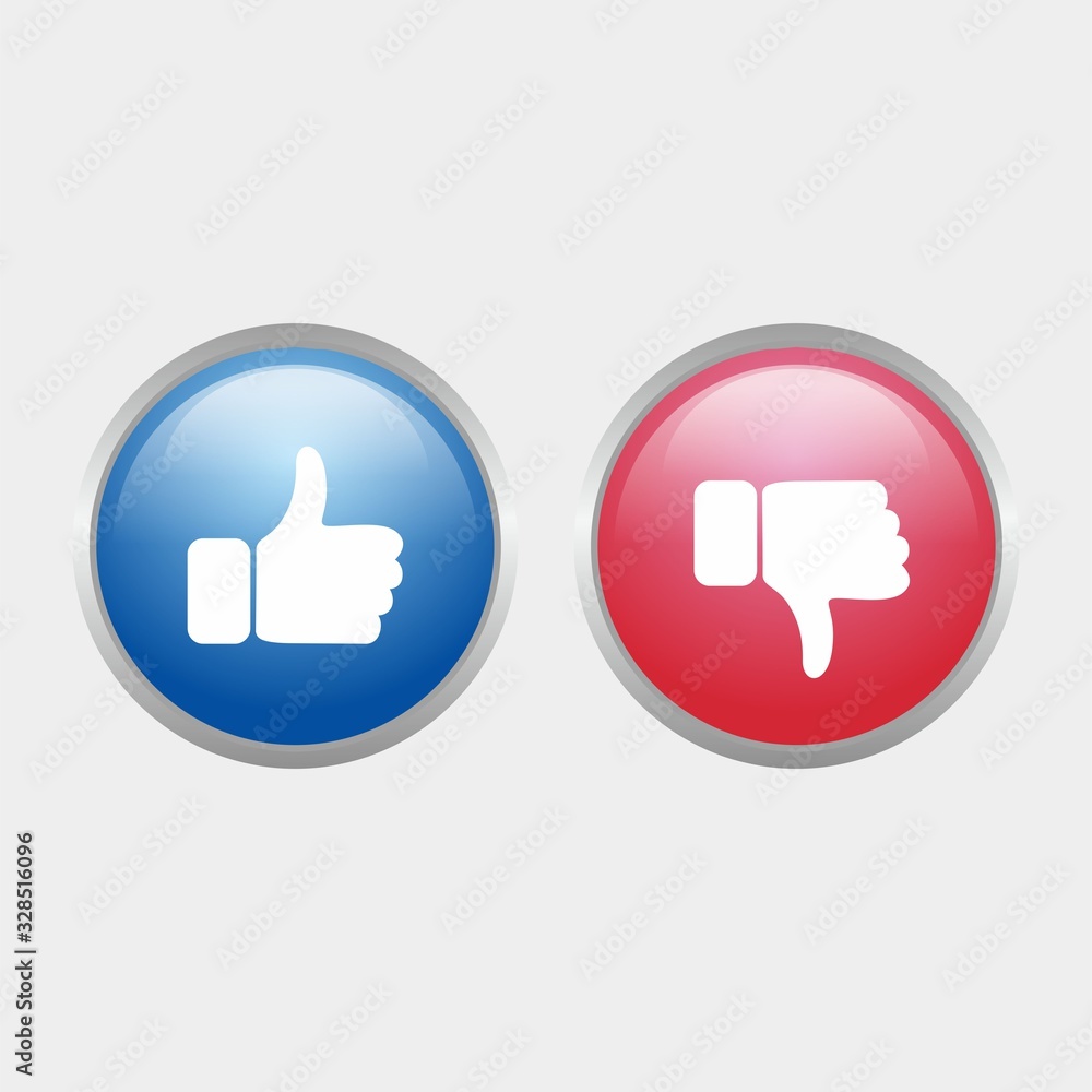 Poster simple like and unlike glossy icon with blue and red color design, circle glossy button template vec