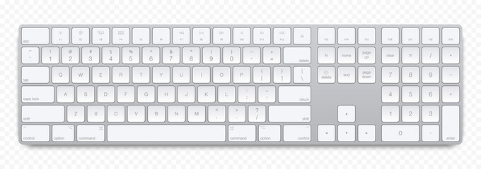 Realistic Silver color computer bluetooth keyboard on transparent background.  Vector illustration - obrazy, fototapety, plakaty