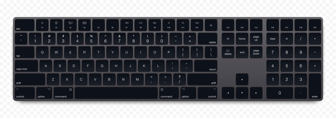 Realistic Grey Galaxy color computer bluetooth keyboard on transparent background.  Vector illustration - obrazy, fototapety, plakaty