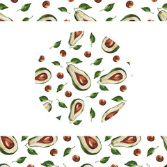 Seamless pattern Hand-drawn watercolor illustration. avocado slices. Natural healthy diet. Diet, menu, restaurant. Print, textile, paper