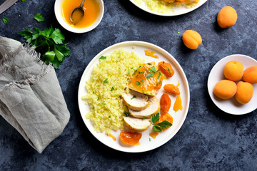 Chicken breasts in apricot sauce and couscous