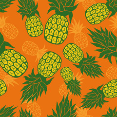 Pineapple. Seamless doodle pattern. Cartoon design. Vector texture.Yellow exotic fruit on an orange background.