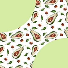 
Seamless pattern Hand-drawn watercolor illustration. avocado slices. Natural healthy diet. Diet, menu, restaurant. Print, textile, paper