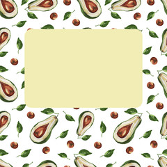 Seamless pattern Hand-drawn watercolor illustration. avocado slices. Natural healthy diet. Diet, menu, restaurant. Print, textile, paper
