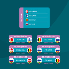 Football 2020 tournament final stage group B vector stock illustration with matches schedule. 2020 European soccer tournament with background. Vector country flags